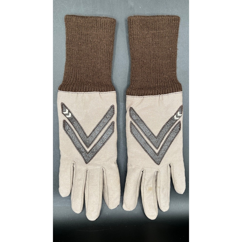 Isotoner Womens Medium Gloves Beige Brown Leather Chevron Trim Knit Cuff Vtg